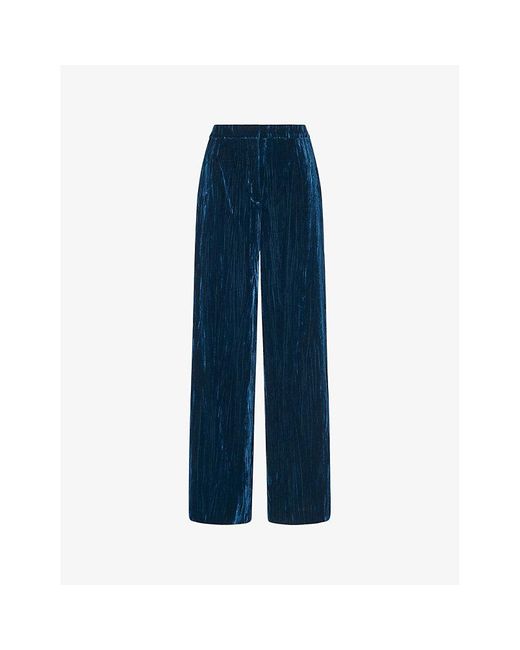 Whistles Blue Crushed Velvet-texture Wide-leg High-rise Recycled-polyester Trousers