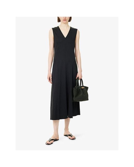 Theory Black Easy Sleeveless Cotton V-Neck Midi Dress
