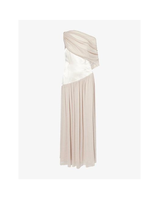 Abadia Natural Asymmetric Off-Shoulder Satin Maxi Dress