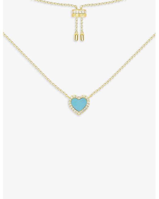 Apm Monaco Lagoon Blue Heart Dye-carbonate White Zirconia-encrusted Yellow Gold-tone Sterling Adjustable Chain Necklace