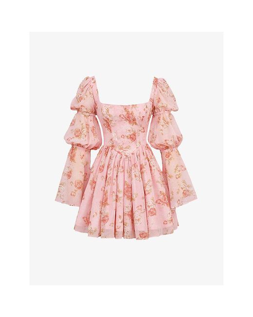 House Of Cb Pink Sancia Floral-Print Chiffon Mini Dress
