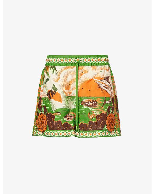 ALÉMAIS Green Bungalow Drawstring Waist Printed Linen Shorts