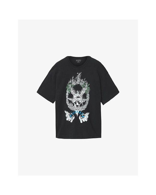 AllSaints Black Palm Ripper Crewneck Graphic-Print Cotton T-Shirt for men
