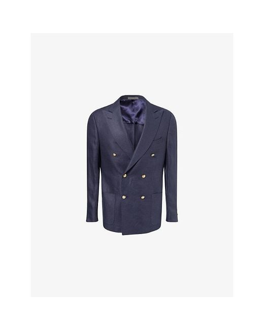 Corneliani Blue Double-Breasted Peak-Lapel Linen Jacket for men