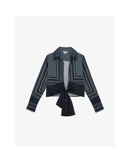 Reiss Blue Jackson Tie-Front Linen Top