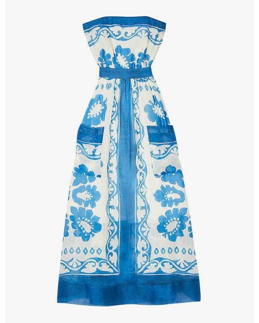 Sandro Blue Graphic-print Strapless Woven Maxi Dress