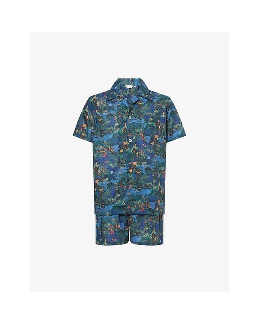 Derek Rose Blue Camp-Collar Regular-Fit Cotton-Poplin Pyjama Set for men
