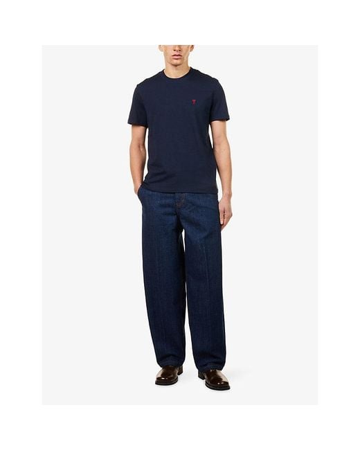 AMI Blue Logo-Embroidered Cotton T-Shirt for men