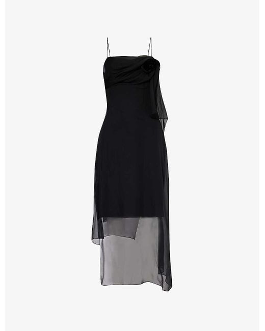 Givenchy Black Rose-embellished Square-neck Silk Midi Dress