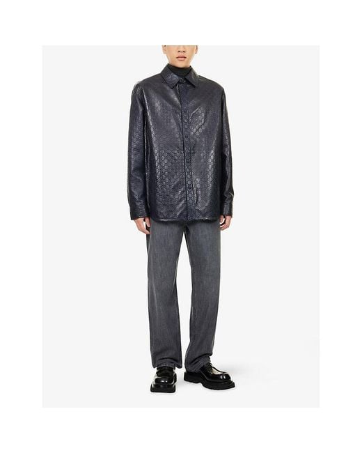Gucci Blue Embossed Monogram-Pattern Long-Sleeve Faux-Leather Shirt for men
