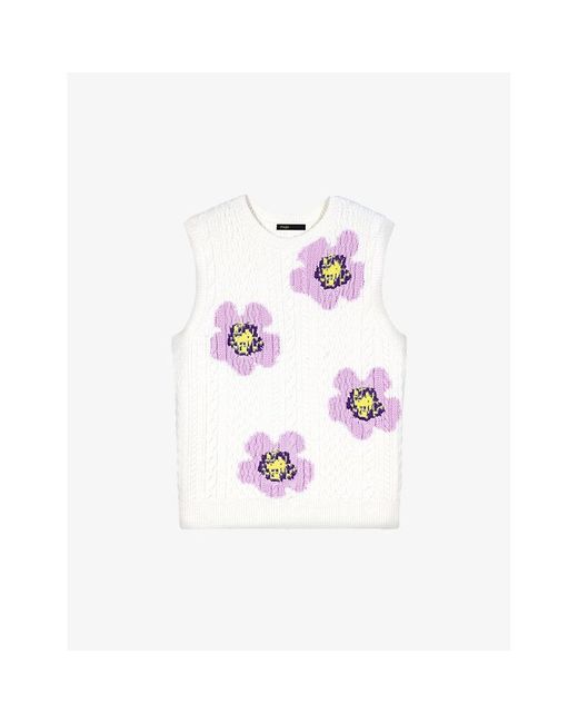 Maje White Floral Sleeveless Knitted Jumper