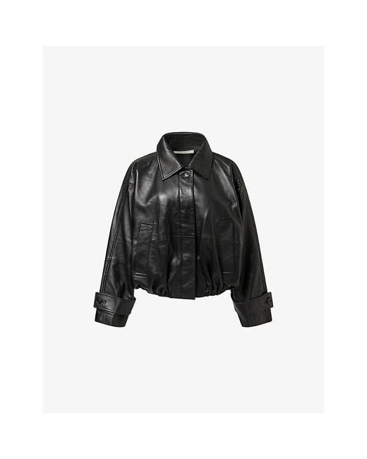 RÓHE Frames Black Cropped Leather Bomber Jacket