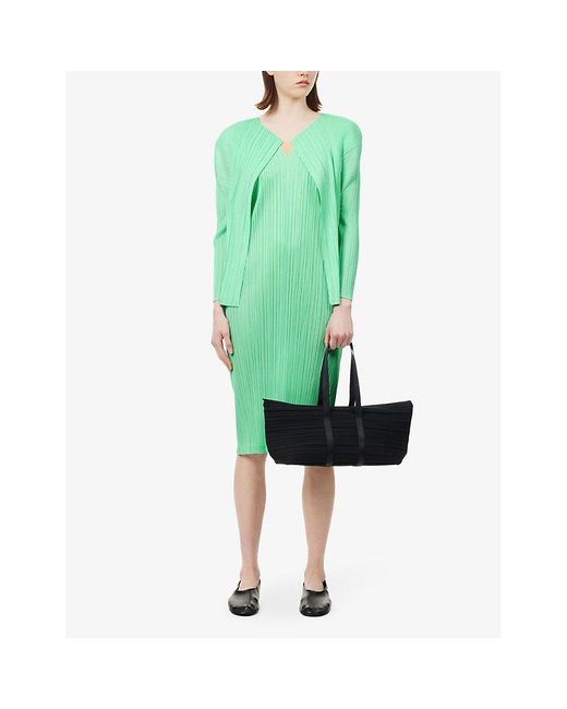 Pleats Please Issey Miyake Green Pleated Round-neck Knitted Cardigan