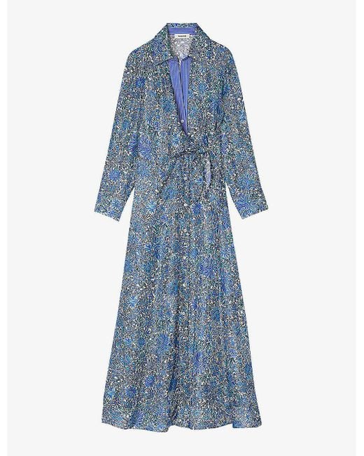 Sandro Blue Floral-print Side-tie Woven Midi Dress