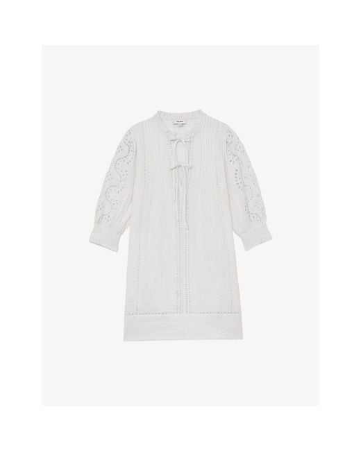 Reiss White Gia Cheesecloth Tie-Neck Cotton Mini Dress
