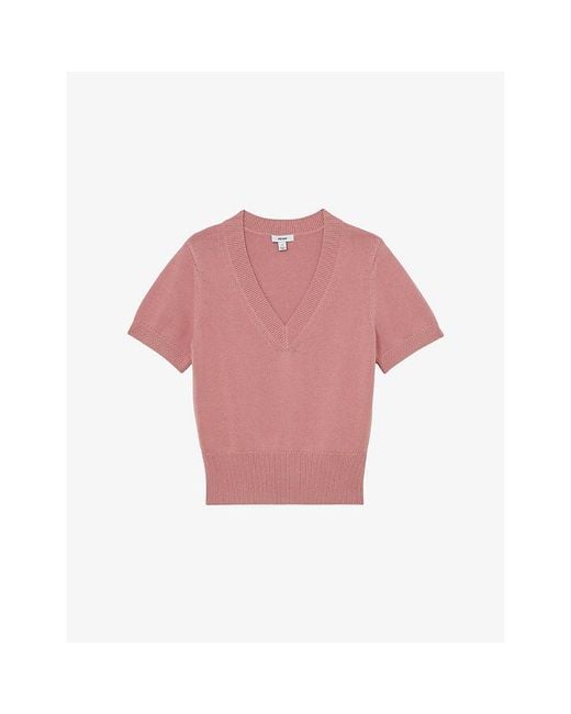 Reiss Pink Valerie V-Neck Cotton And Wool-Blend Knitted Top