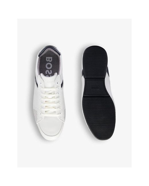Boss White Logo-Emed Lace-Up Leather Low-Top Trainers for men