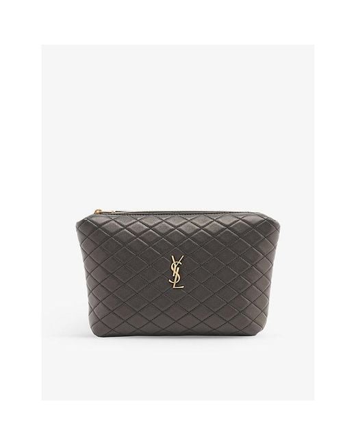 Saint Laurent Gaby Monogram-plaque Quilted-leather Pouch in Gray | Lyst