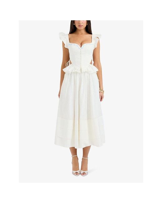 House Of Cb White Augustine Embroidered Cotton Midi Skirt