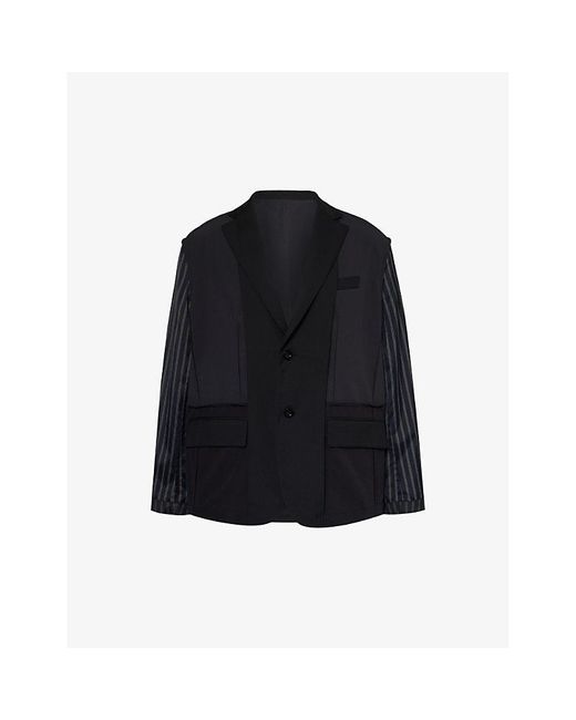 Sacai Blue Notched-lapels Contrast-sleeve Relaxed-fit Woven Jacket for men