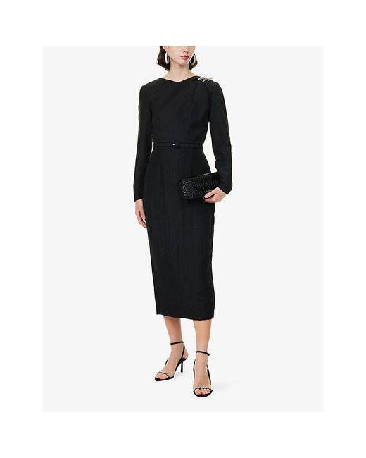 Roland Mouret Black Long-Sleeve Brooch Ramie-And-Silk Midi Dress