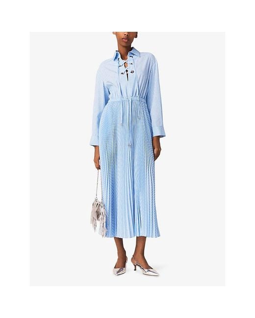 Maje Blue Eyelet Pleated Woven Maxi Dress
