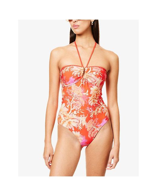 Seafolly Red Marbella Halter-Neck Graphic-Print Swimsuit