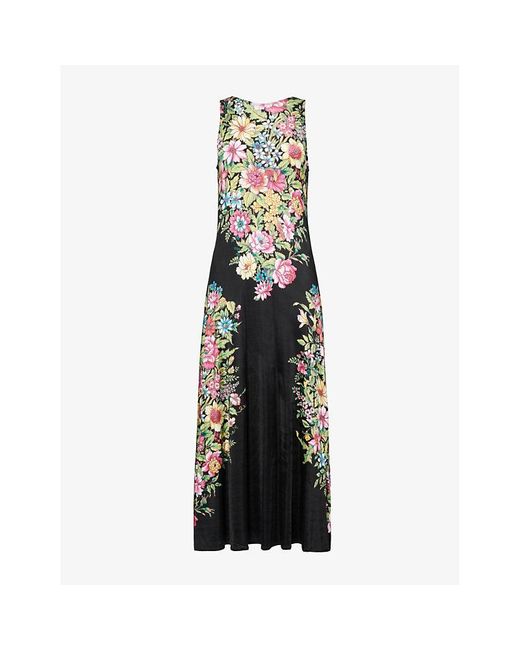 Etro Black Floral-print Open-back Slim-fit Stretch-mesh Maxi Dress