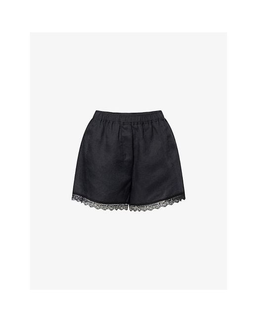 Ganni Black Lace Hem Linen Shorts