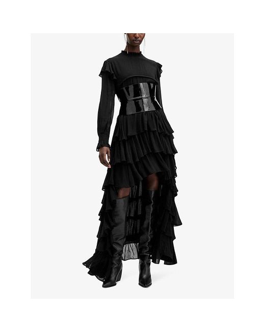AllSaints Black Cavarly Tiered-Skirt Long-Sleeve Woven Maxi Dress