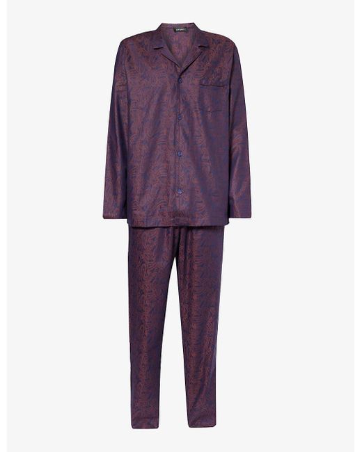 Hanro Purple Paisley-pattern Relaxed-fit Cotton Pyjama Set for men