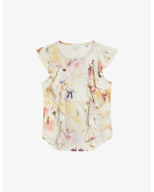 Ted Baker White Maretaa Frilled-trim Cotton And Linen-blend Top