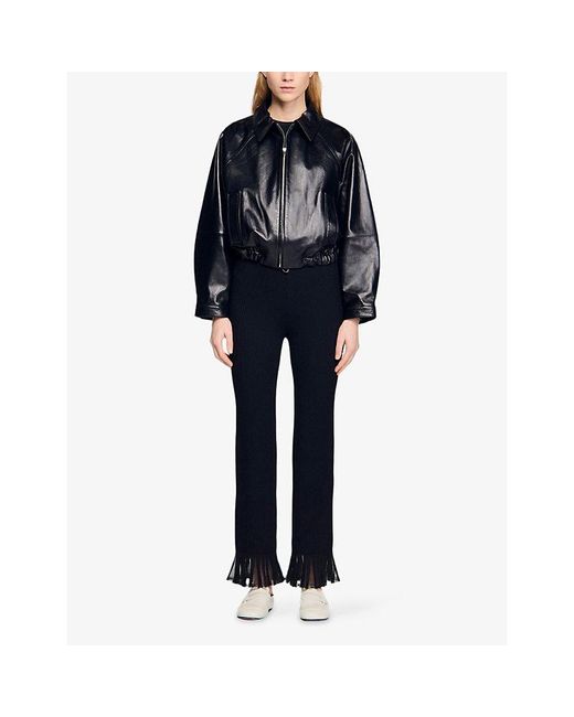 Sandro Black Side-Pocket Cropped Leather Jacket