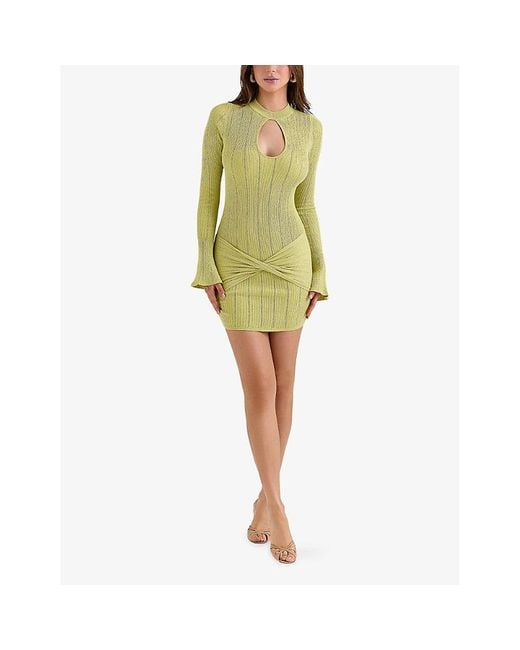 House Of Cb Yellow Aziza Long-Sleeve Fine-Knit Mini Dress Xs (A-C Cup)