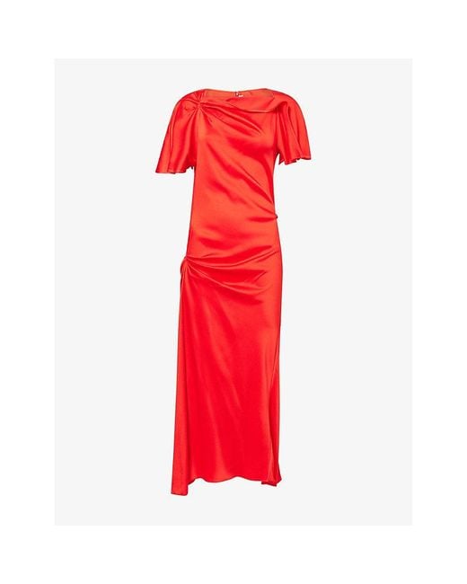 Victoria Beckham Red Draped Short-Sleeves Woven Midi Dress