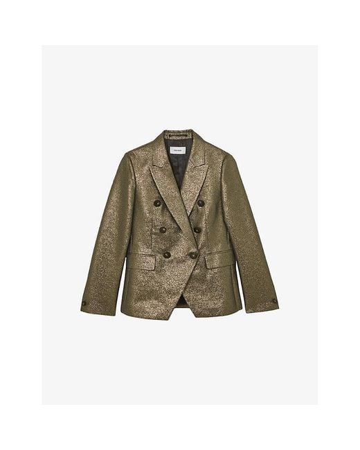 Reiss Green Sienna Metallic Double-Breasted Cotton-Blend Blazer