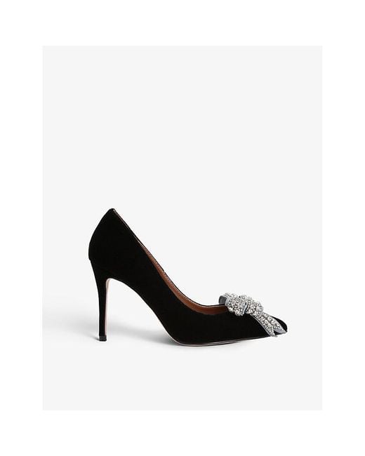 Kurt Geiger Black Belgravia Bow Crystal-Embellished Velvet Court Heels