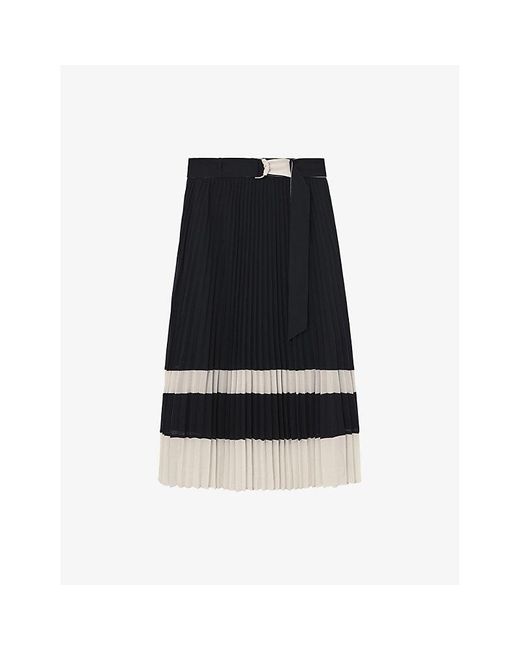 Reiss Black Goldie Pleated Woven Midi Skirt
