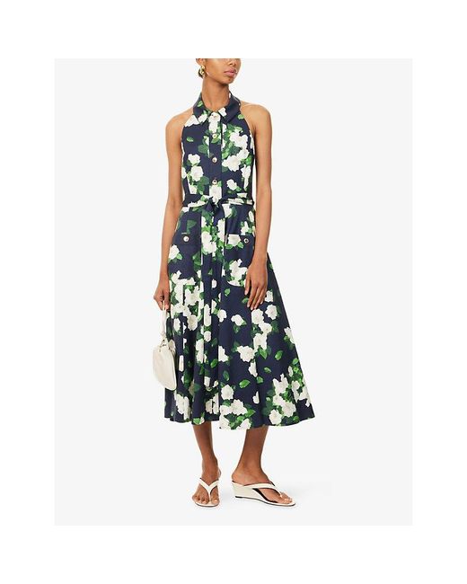 Carolina Herrera Blue Floral-Print Halter-Neck Cotton-Blend Midi Dress