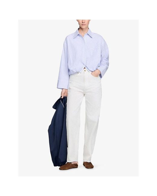 Sandro Blue Cropped Stripe-Print Cotton Shirt