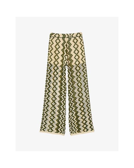 Sandro Green Geometric-print Straight-leg Mid-rise Cotton-blend Trousers