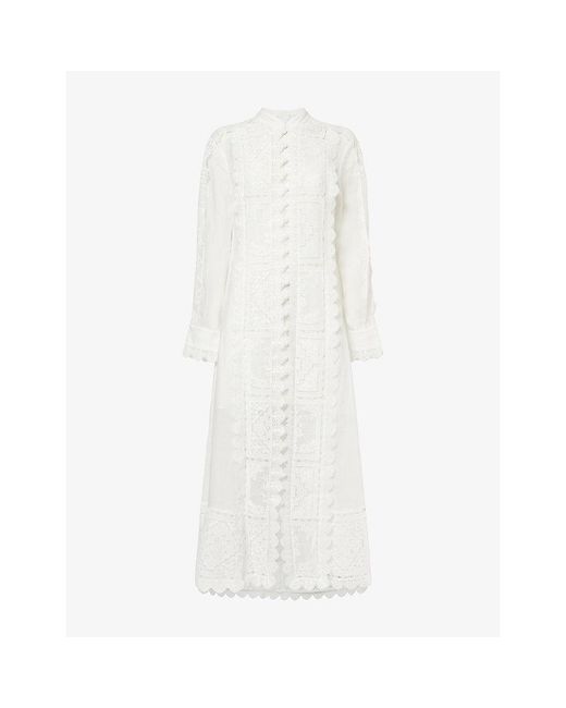 Zimmermann White Aster Embroidered Ramie Midi Dress