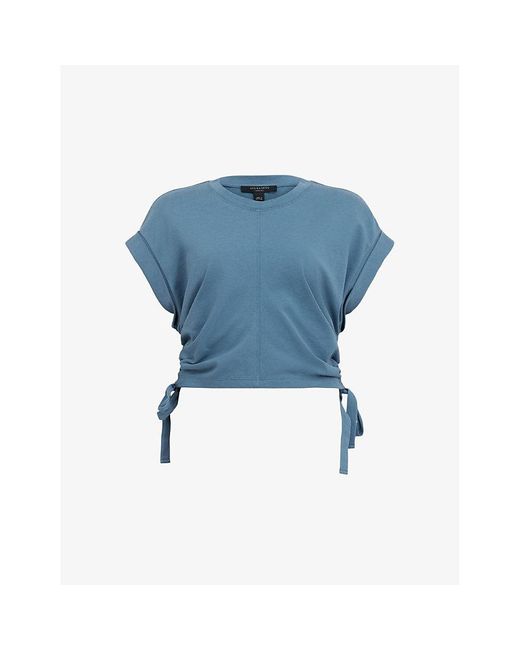 AllSaints Blue Mira Side-drawcord Cropped Organic-cotton T-shirt