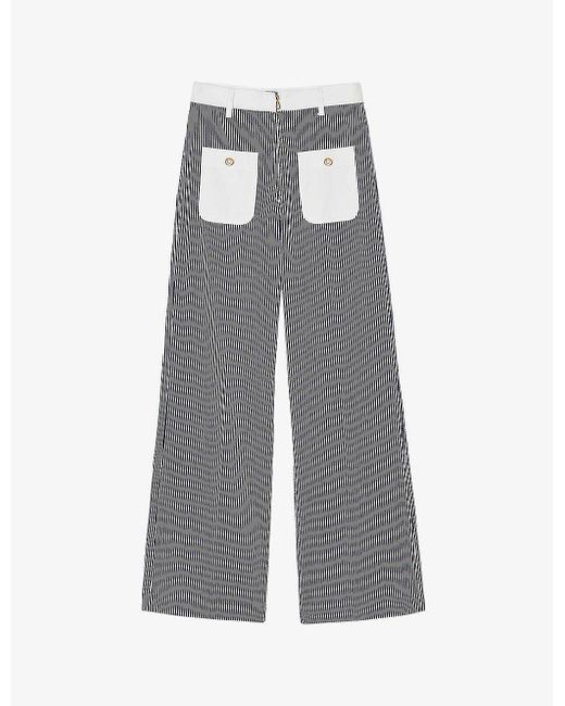 Sandro Gray Striped Patch-pocket Flared-leg Mid-rise Cotton Trousers