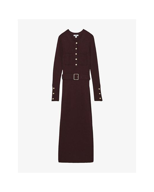 Reiss Purple Willow Button-Down Long-Sleeve Stretch-Knit Midi Dress
