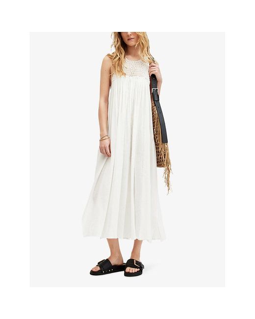 AllSaints White Corrs Embroidered-neck Sleeveless Organic-cotton Maxi Dress