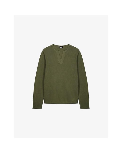The Kooples Green Brand-Embroidered Tunisian-Collar Cotton-Knit Sweatshirt for men