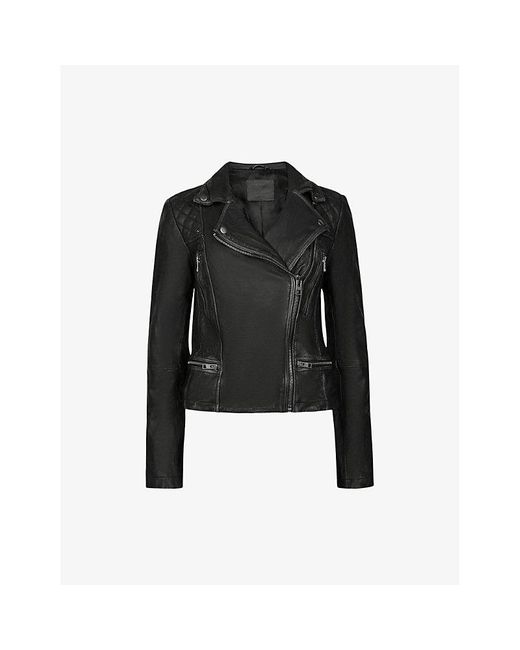 AllSaints Black Cargo Quilted-Shoulder Distressed-Leather Biker Jacket