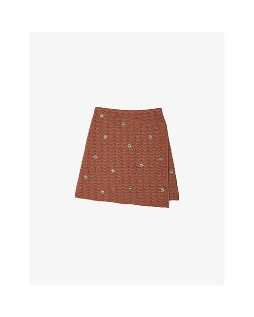 Sandro Brown Crystal-embellished Wrap-around Knitted Mini Skirt