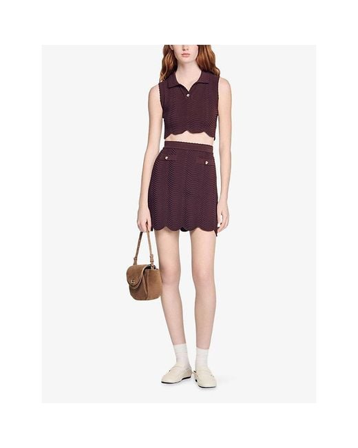 Sandro Red Decorative Button-Embellished Stretch-Knit Mini Skirt